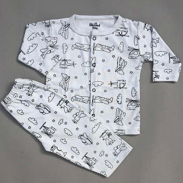 Night Suit For Baby – Airplane Design Bluish Grey Colour