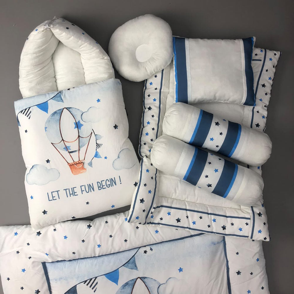 7Pcs Bedding Set - Air Balloon Blue Design