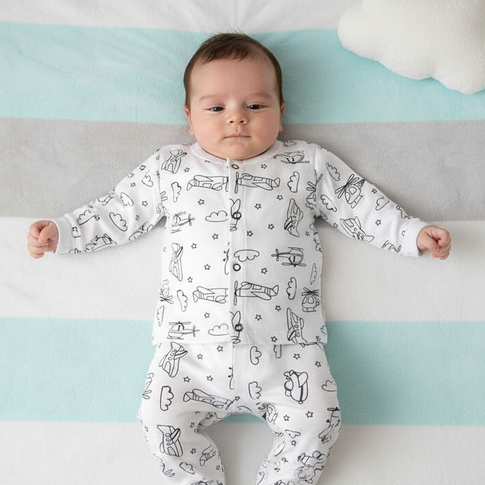 Night Suit For Baby – Airplane Design Bluish Grey Colour