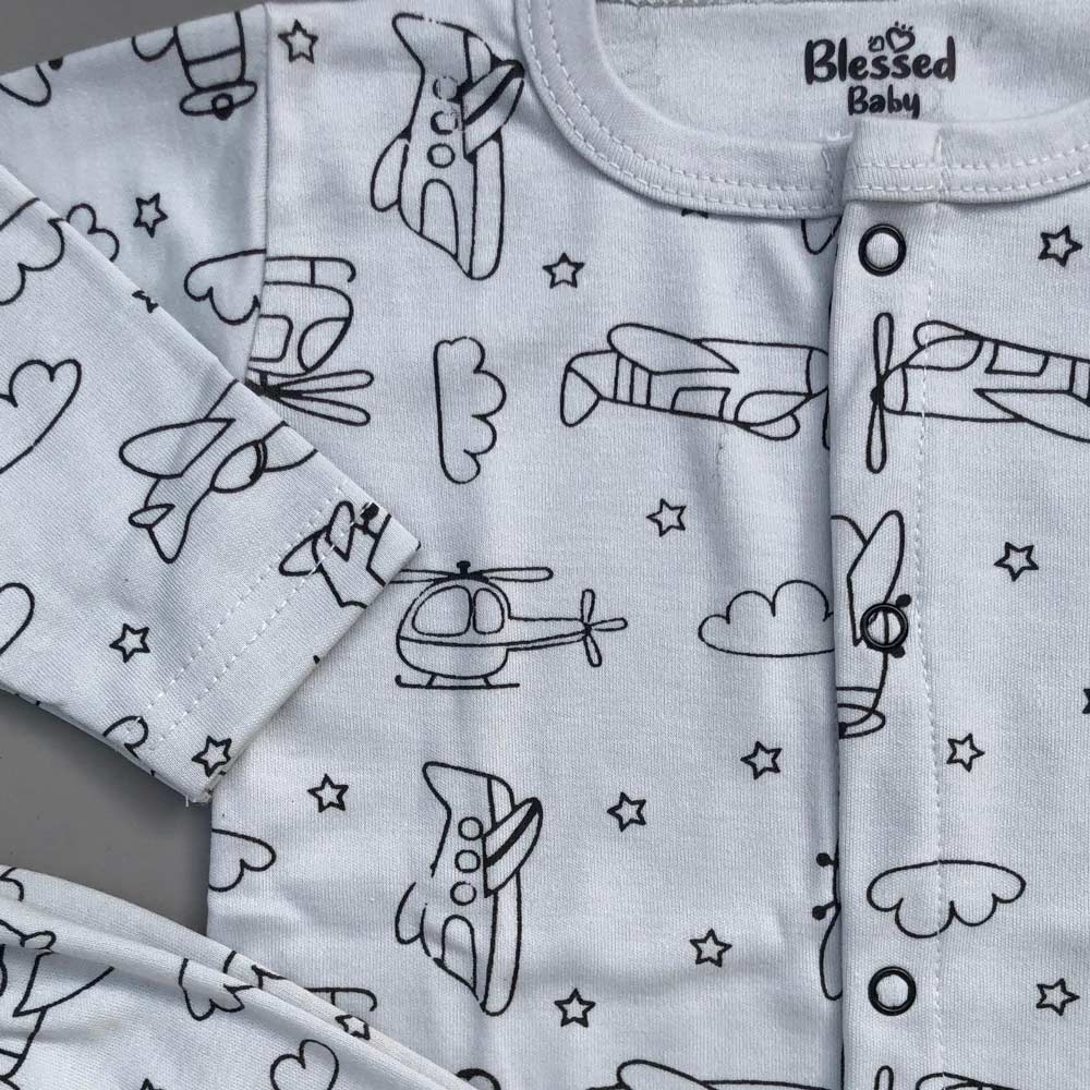 Night Suit For Baby – Airplane Design Bluish Grey Colour