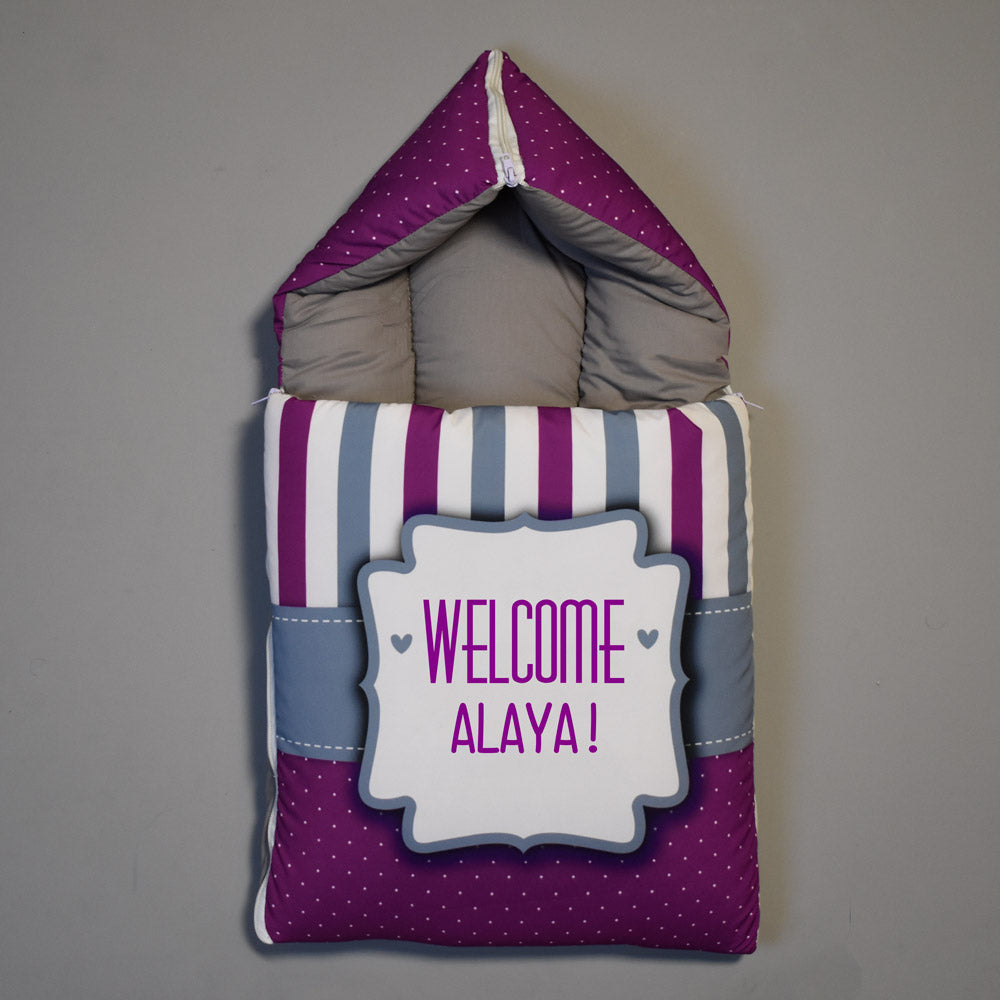 Baby Customized Carry Nest – Welcome Design Purple Colour