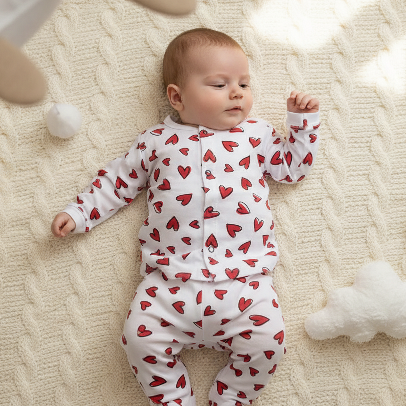 Night Suit For Baby – Hearts Design White Colour